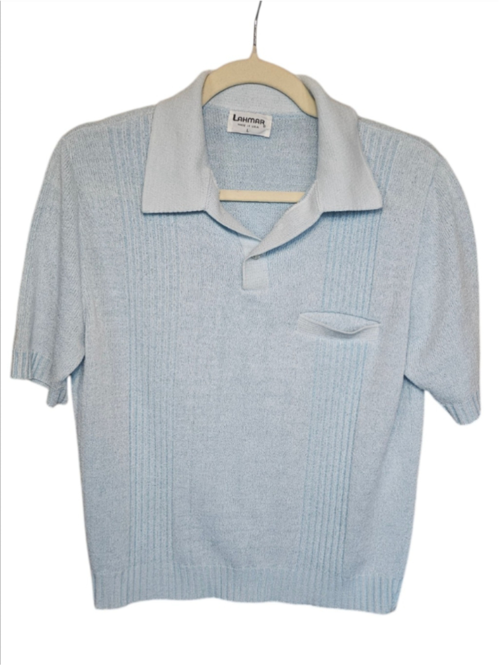 Lahmar Vintage 60s 70s Knit Polo Shirt Sky Blue Mod Retro Unisex Small